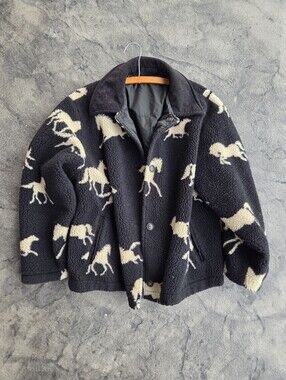 Vintage L Reversable Black & Cream Horse Print Sherpa Jacket With Nylon Lining